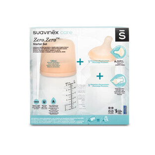Suavinex Zero Zero set, antikrampjesfles, met verstelbare doorstroomspeen en reservezakje, vanaf de geboorte, 180 ml