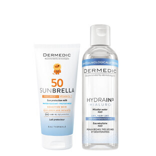 Set Dermedic Sunbrella Baby, latte protettivo per bambini da 1 mese, per viso e corpo, pelle sensibile, SPF 50, 100 ml + Lozione micellare H2O, pelle disidratata e secca, 100 ml Set Dermedic Sunbrella Baby, latte protettivo per bambini da 1 mese, per viso e corpo, pelle sensibile, SPF 50, 100 ml + Lozione micellare H2O, pelle disidratata e secca, 100 ml