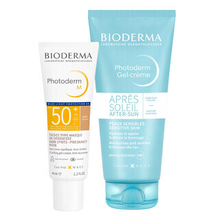 Set Bioderma Photoderm M, protective cream for skin prone to hyperpigmentation, dark, SPF 50+, 40 ml + soothing gel-cream for prolonging the tan, 100 ml Set Bioderma Photoderm M, protective cream for skin prone to hyperpigmentation, dark, SPF 50+, 40 ml + soothing gel-cream for prolonging the tan, 100 ml