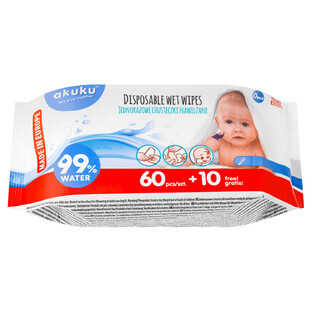 AKUKU, salviette umidificate con acqua, A0031, dalla nascita, 60 pezzi + 10 in omaggio