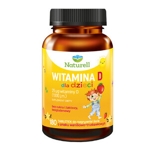 Naturell Vitamin D for children over 3 years, vanilla and strawberry flavor, 180 chewable tablets