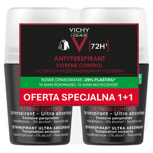Vichy Homme, antiperspirant roll-on for men, 72-hour protection, 2 x 50 m
