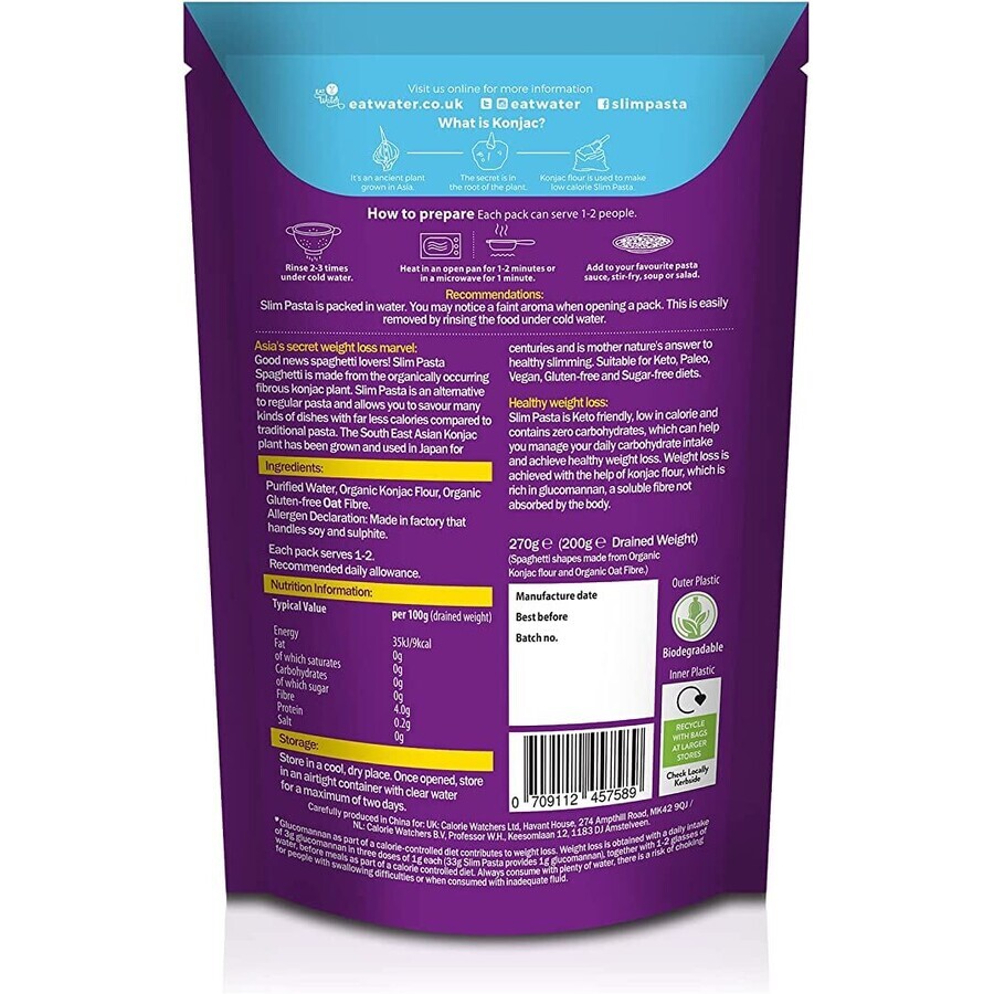 Spaghetti made of organic konjac flour Slim Pasta, 270 g, No Sugar Shop