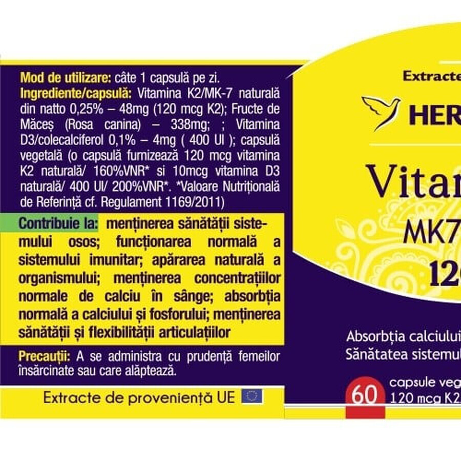 Natural Vitamin K2 MK7 120mcg, 60 capsules, Herbagetica