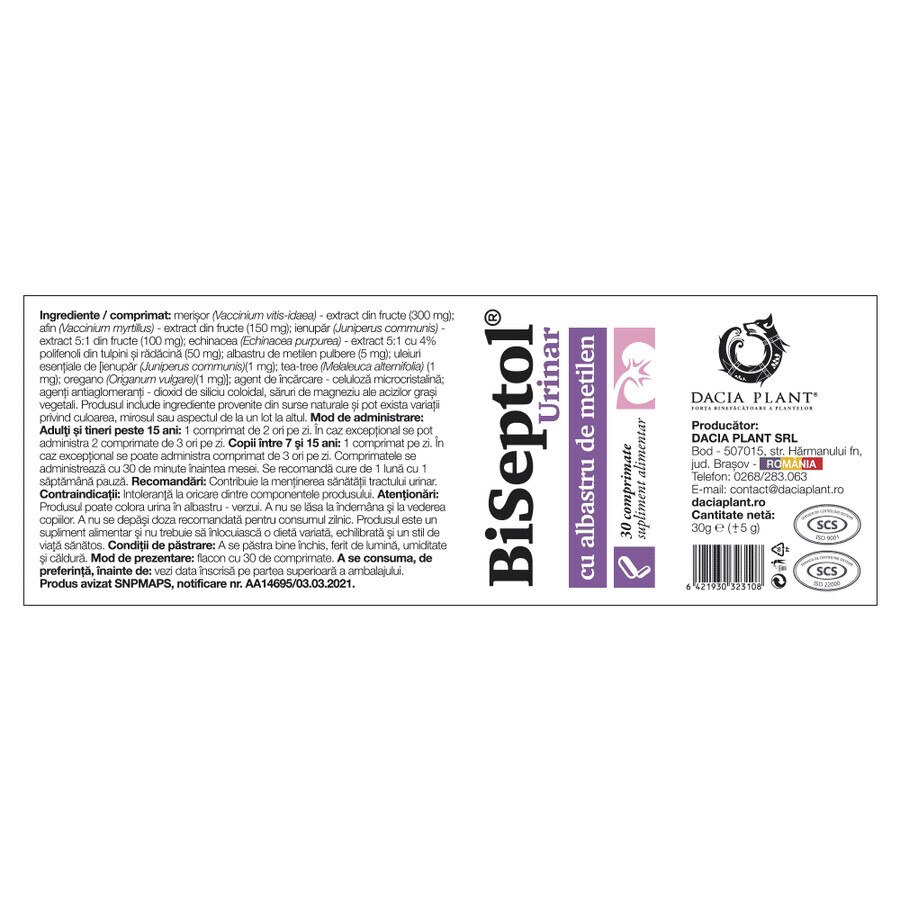 Biseptol Urinal, 30 tablets, Dacia Plant