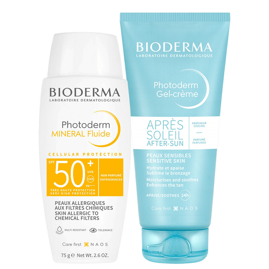 Set Bioderma Photoderm Mineral Fluide, fluido minerale protettivo, SPF 50+, 75 g + gel-crema lenitivo abbronzante, 100 ml