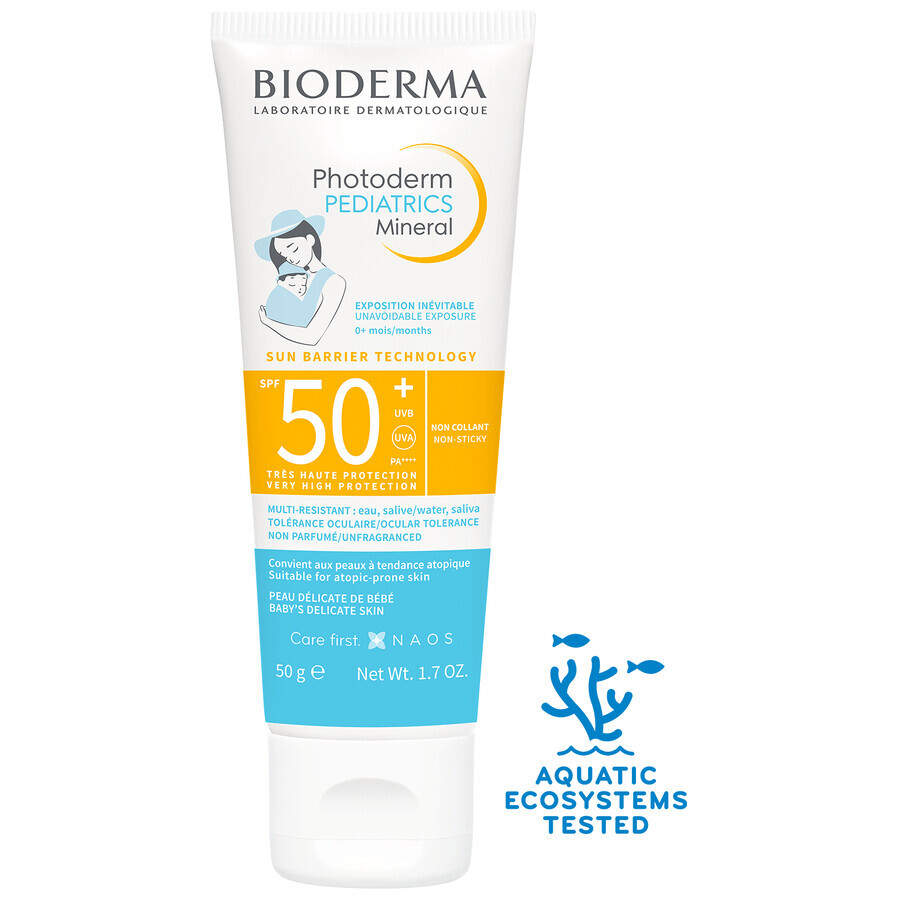 Set Bioderma Photoderm Pediatrics, fluido minerale per bambini, per pelli sensibili e allergiche, SPF 50+, 50 g + gel-crema lenitivo per prolungare l'abbronzatura, 100 ml