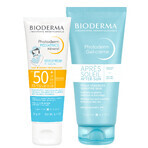 Set Bioderma Photoderm Pediatrics, fluido minerale per bambini, per pelli sensibili e allergiche, SPF 50+, 50 g + gel-crema lenitivo per prolungare l'abbronzatura, 100 ml