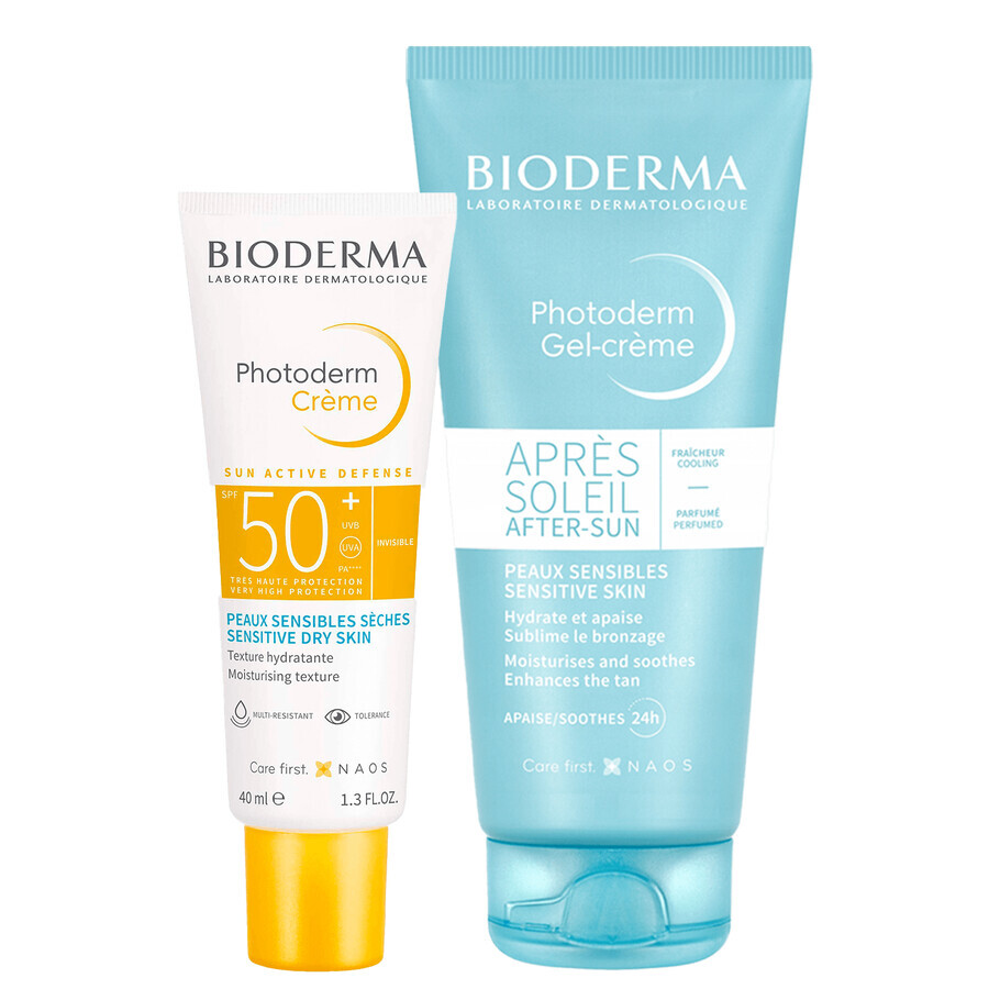Set Bioderma Photoderm Creme, crema protettiva per il viso, pelle secca, SPF 50+, 40 ml + gel-crema lenitivo per prolungare l'abbronzatura, 100 ml