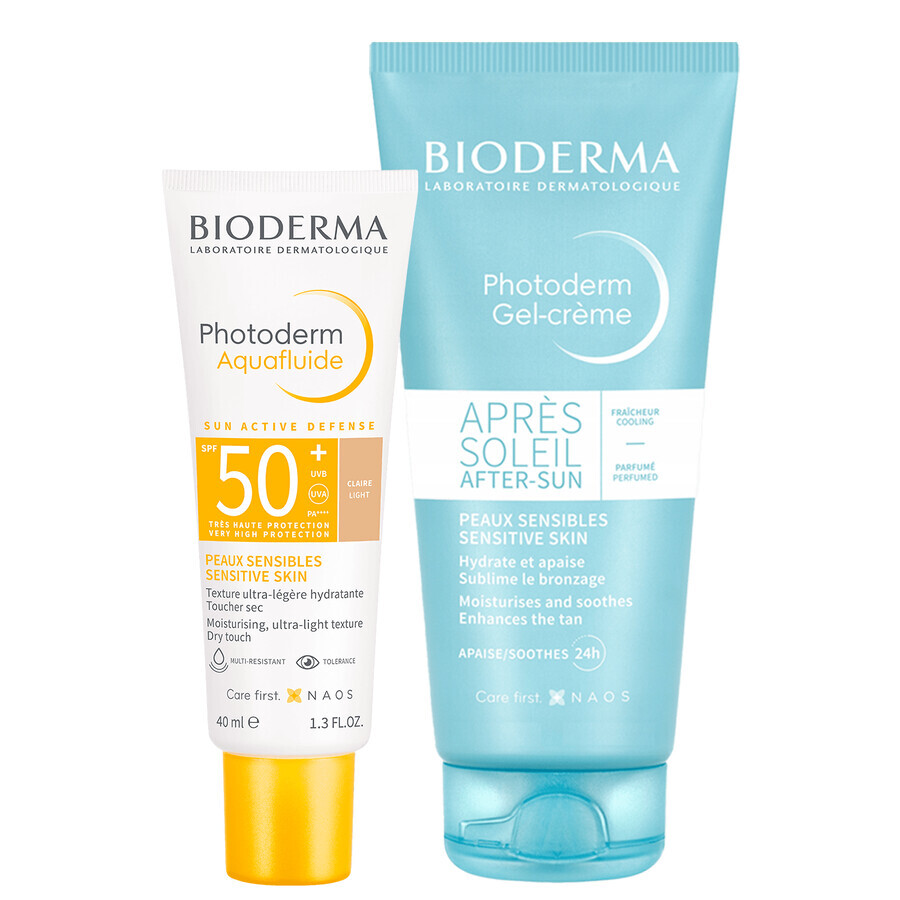 Set Bioderma Photoderm Aquafluide, protezione solare ultraleggera per pelli normali, leggera, SPF 50+, 40 ml + gel-crema lenitivo per prolungare l'abbronzatura, 100 ml