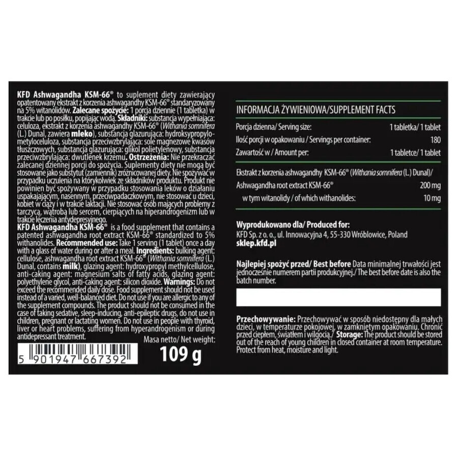 KFD A66 Ashwahandha KSM-66, 180 tablets