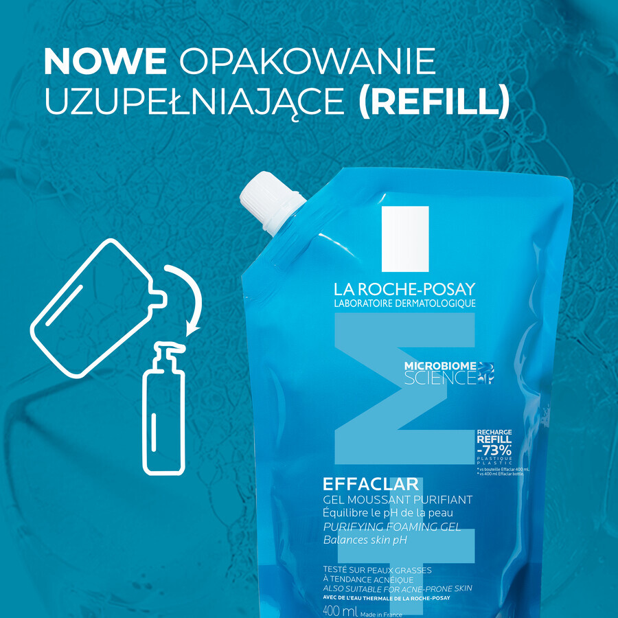 La Roche-Posay Effaclar, gel detergente per pelli grasse e sensibili, ricambio, 400 ml
