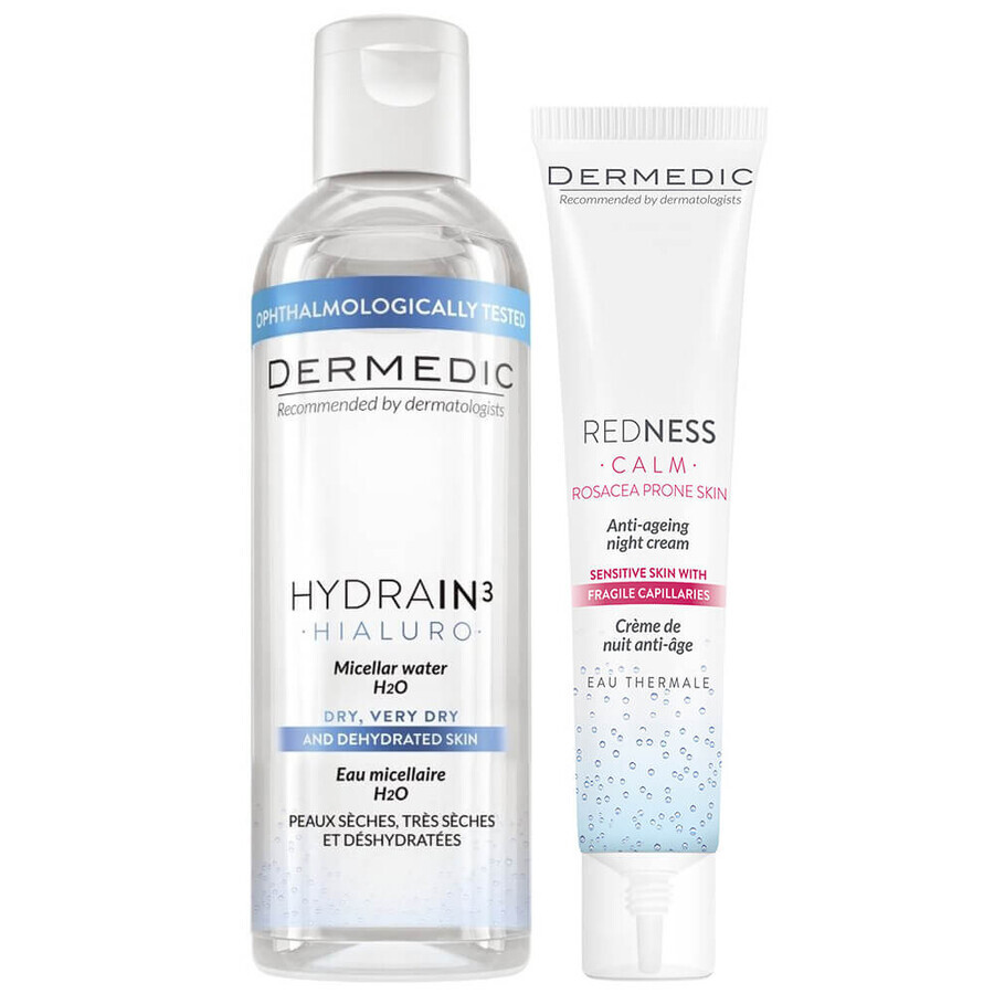 Set Dermedic Redness Calm, anti-wrinkle night cream, 40 ml + Hydrain 3 Hialuro, micellar fluid H2O, 100 ml