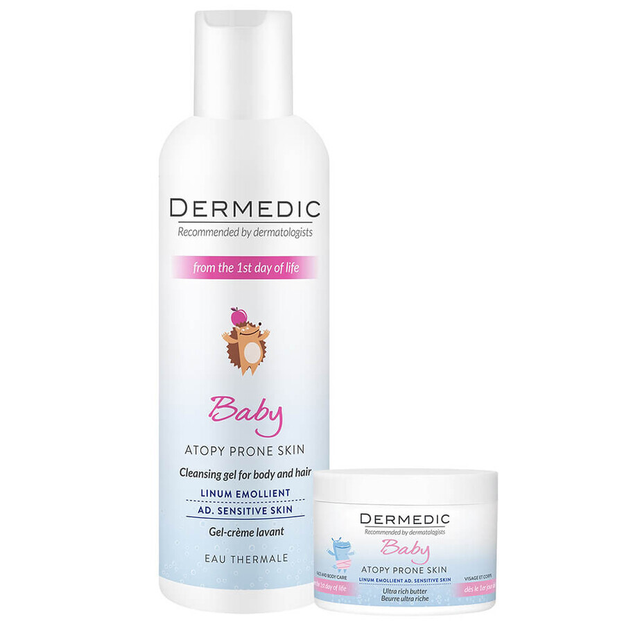 Dermedic Linum Emolient Baby, creamy cleansing gel from the first day of life, dry skin, atopic skin, with psoriasis symptoms, 200 ml + oily face and body butter, 30 ml free