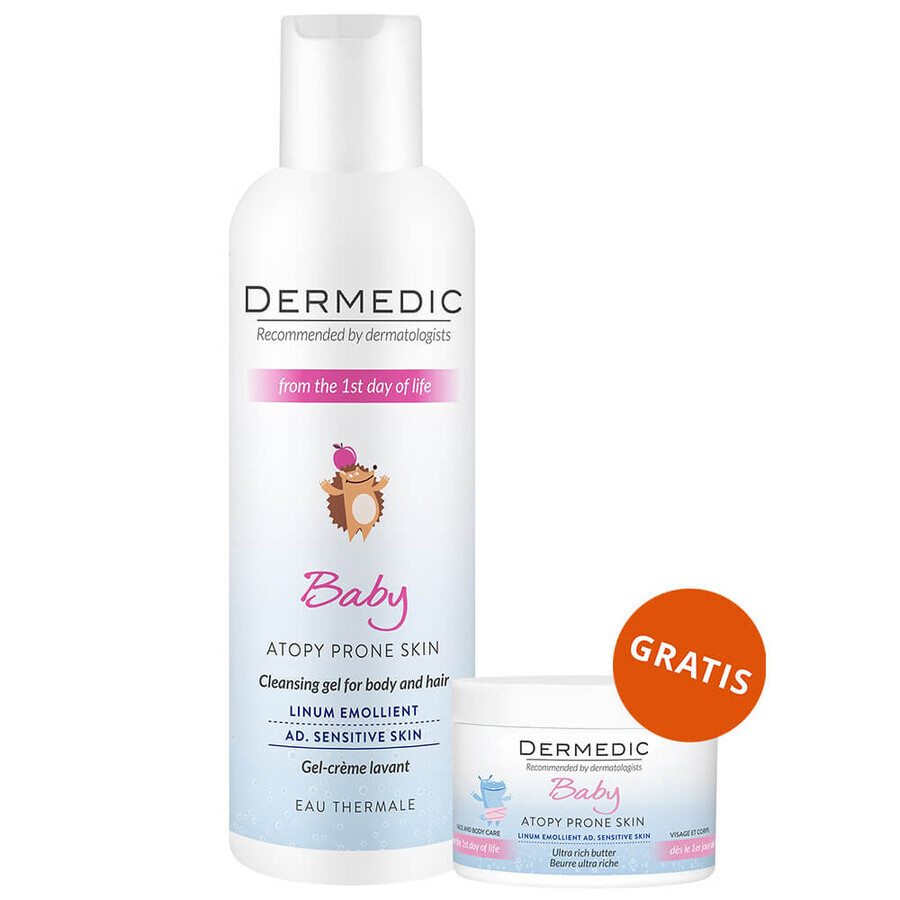 Dermedic Linum Emolient Baby, creamy cleansing gel from the first day of life, dry skin, atopic skin, with psoriasis symptoms, 200 ml + oily face and body butter, 30 ml free