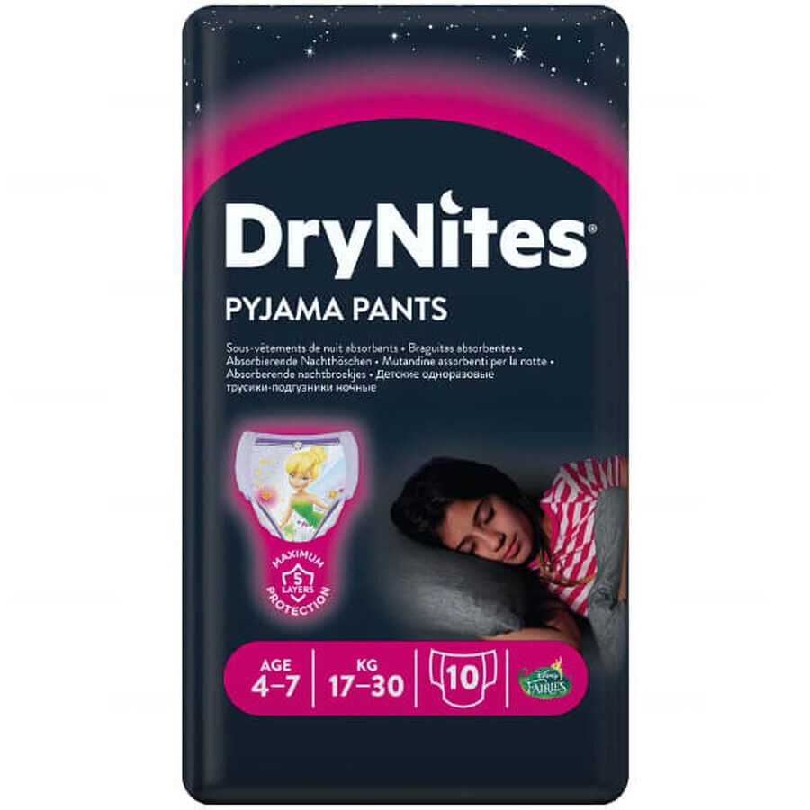 Huggies DryNites Girls, mutandine per la notte, per bambine, 4-7 anni, 17-30 kg, 10 pezzi