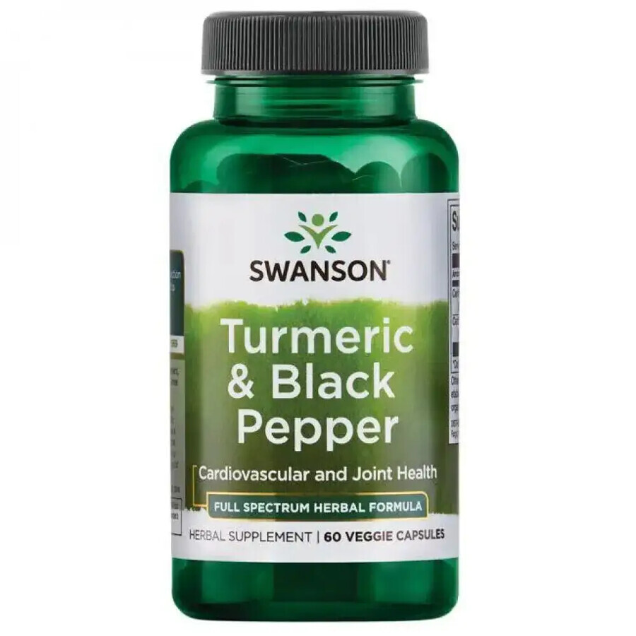 Swanson Full Spectrum Kurkuma &amp; Zwarte Peper, kurkuma en zwarte peper, 60 plantaardige capsules