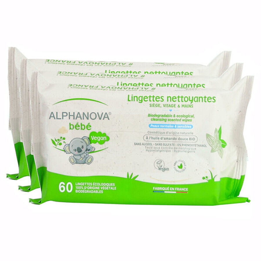 Alphanova Baby, wet wipes, 3 x 60 pcs