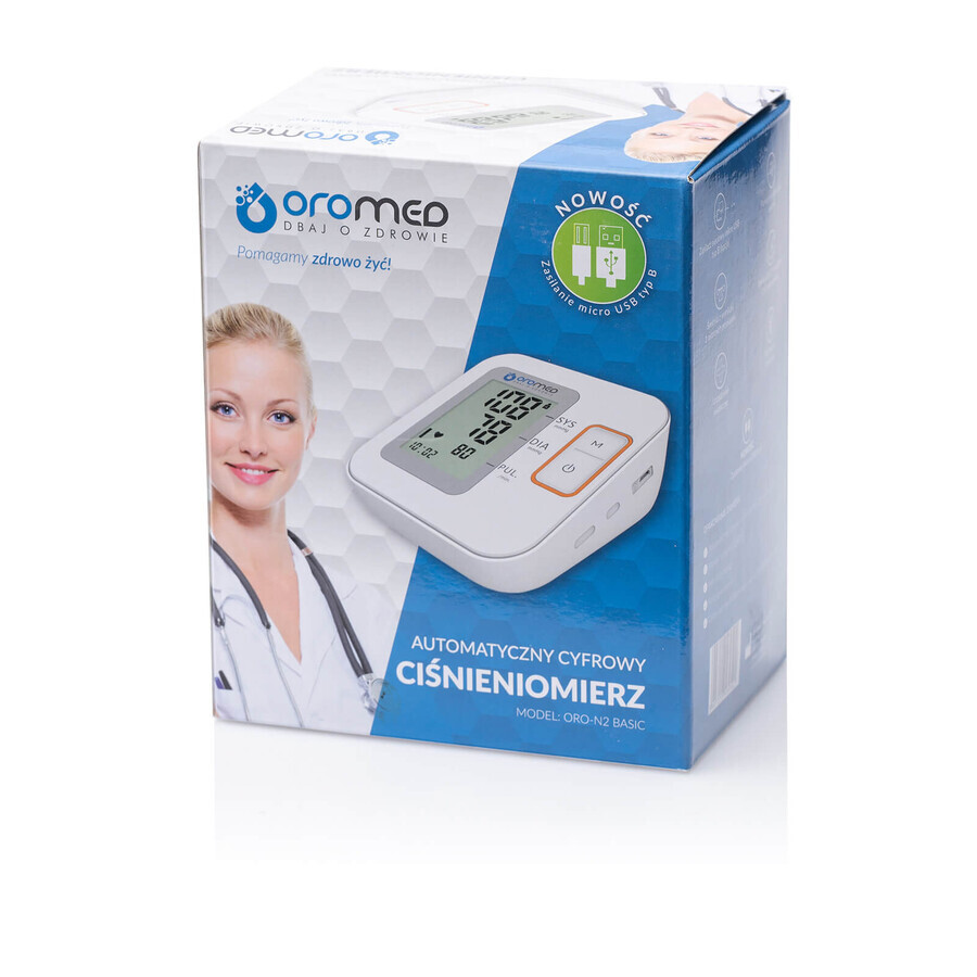 Oromed Oro-N2 Basic, automatic upper arm blood pressure monitor with power supply