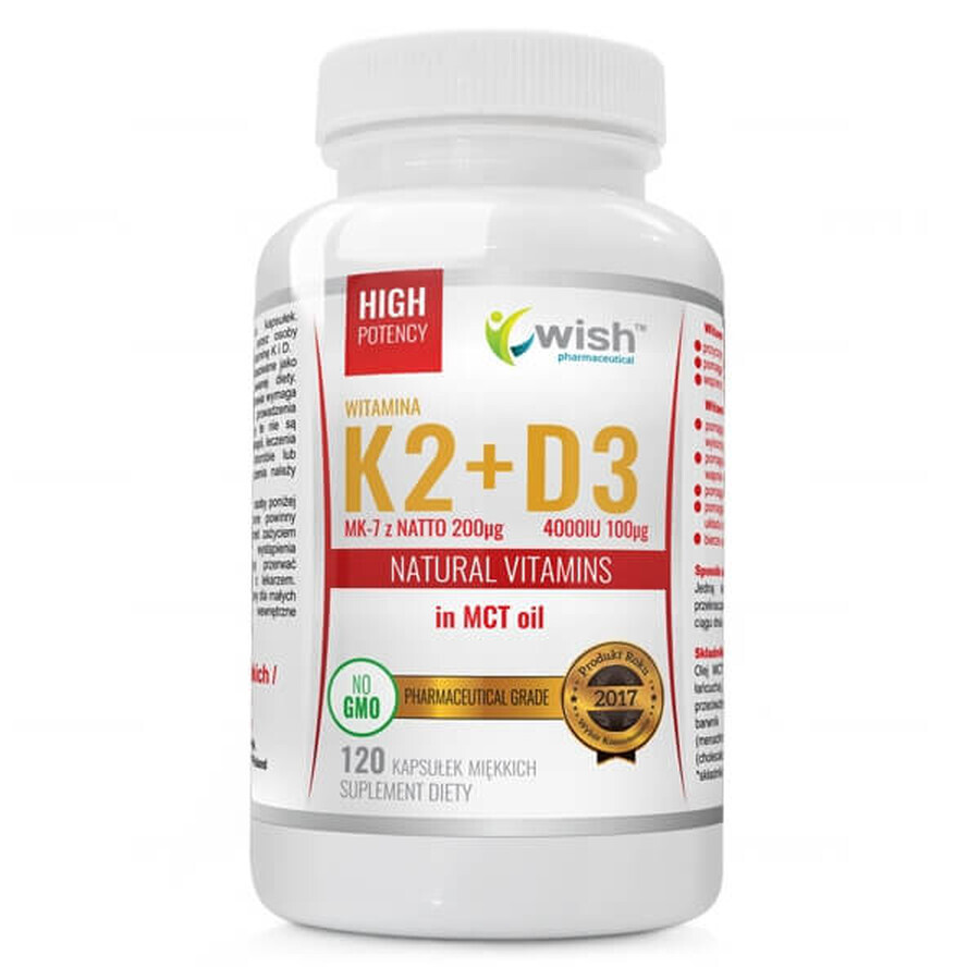 Wish Vitamin K2 MK7 from natto 200 µg + D3 4000 IU in MCT oil, 120 softgels