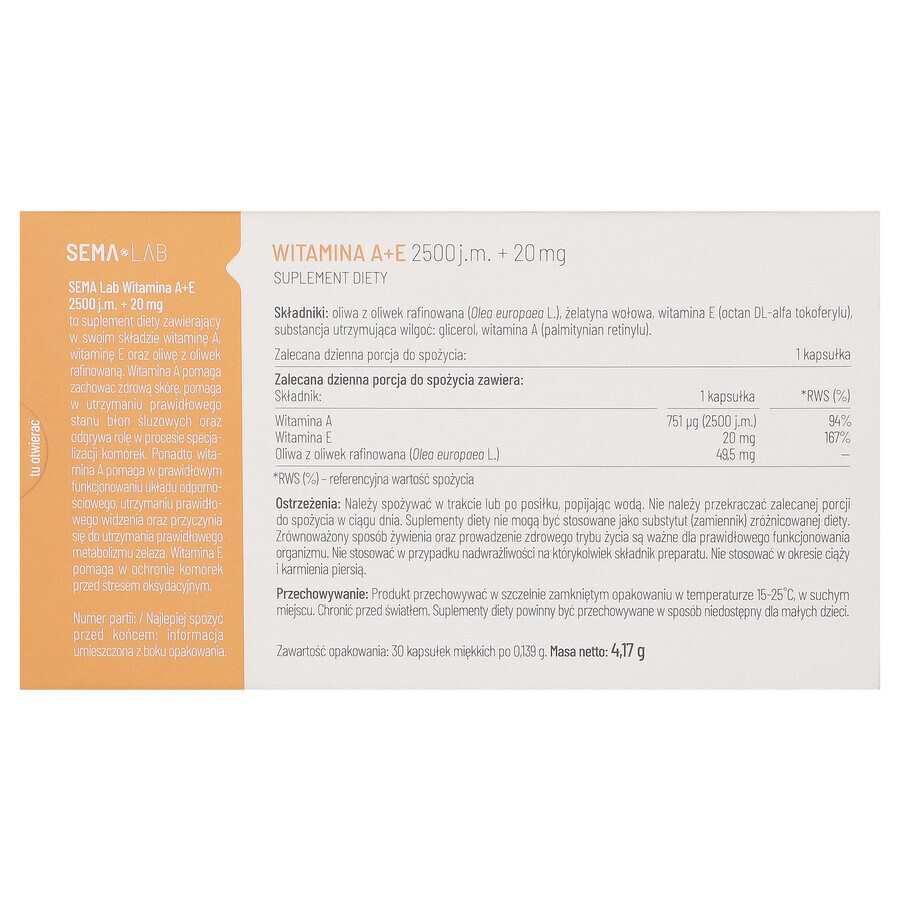 SEMA Lab Vitamin A+E 2500 IU + 20 mg, 30 soft capsules