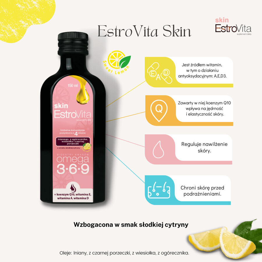 EstroVita Skin, Omega 3-6-9 acid esters, sweet lemon flavor, 150 ml