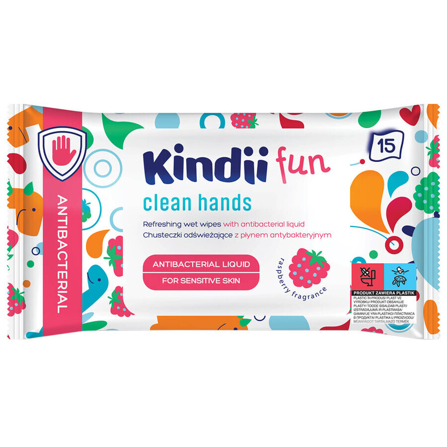 Kindii Fun, refreshing wet wipes with antibacterial liquid, 15 pieces
