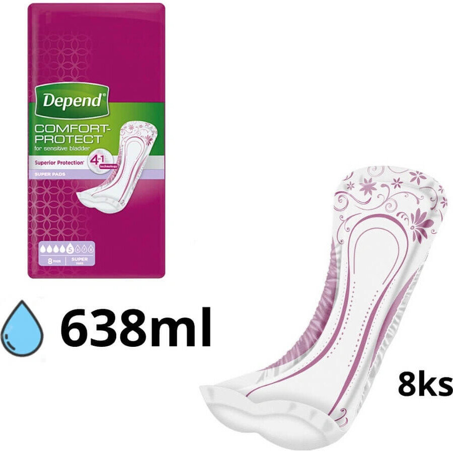 DEPEND SUPER 1×8 pcs, incontinence pads 11×36 cm