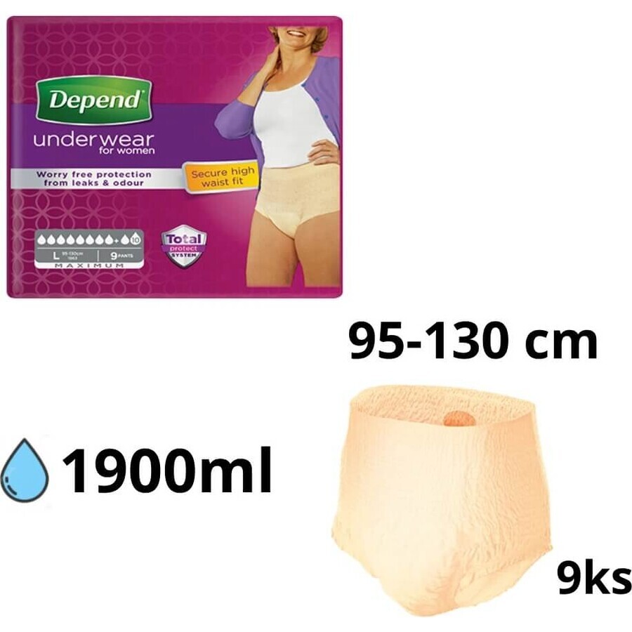 DEPEND MAXIMUM L for women 1×9 pcs, elastic bottom, hip circumference 95-130 cm