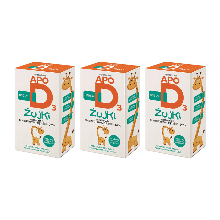 Set ApoD3 Chews, vitamin D3 800 IU for children over 3 years, orange flavor, 3 x 30 chewable softgels