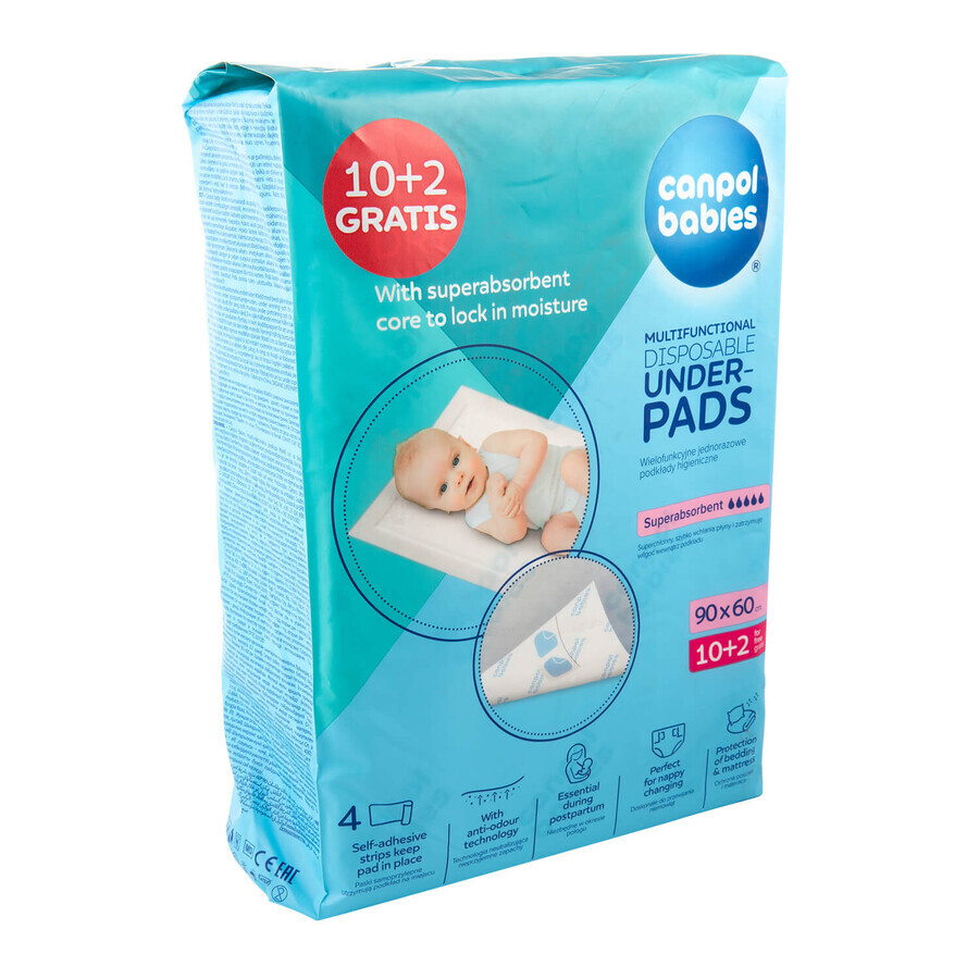 Canpol Babies, multi-purpose disposable sanitary pads, super absorbent, 90 cm x 60 cm, 10 pieces + 2 pieces free of charge