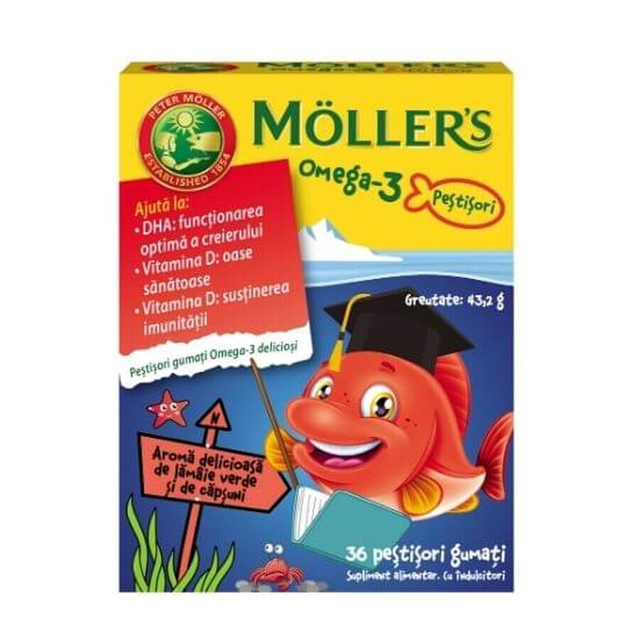 Omega-3 fish with lime and strawberry flavour, 36 jellies, Möller's