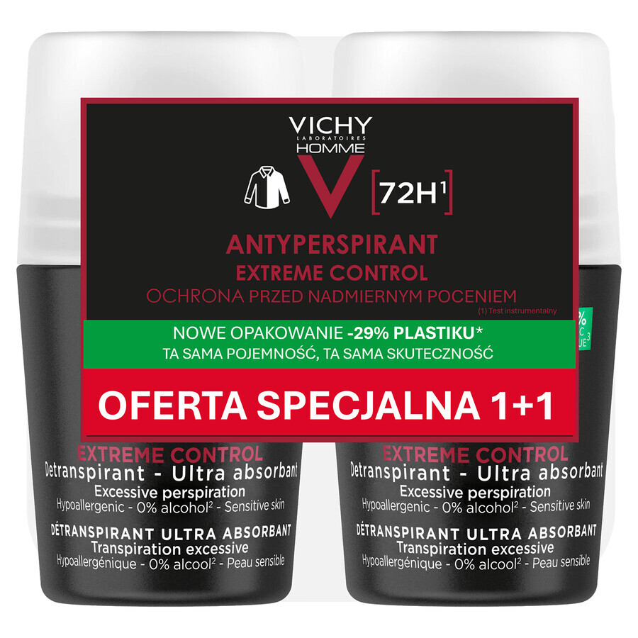 Vichy Homme, antiperspirant roll-on for men, 72-hour protection, 2 x 50 m