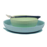 Bowl plate set with suction cup and spoon, Blue and Green, Nattou