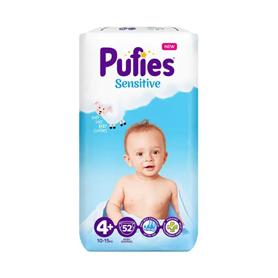 Diaper Pufies Sensitive, 4+ Maxi+, Maxi Pack, 10-15 kg, 52 pieces