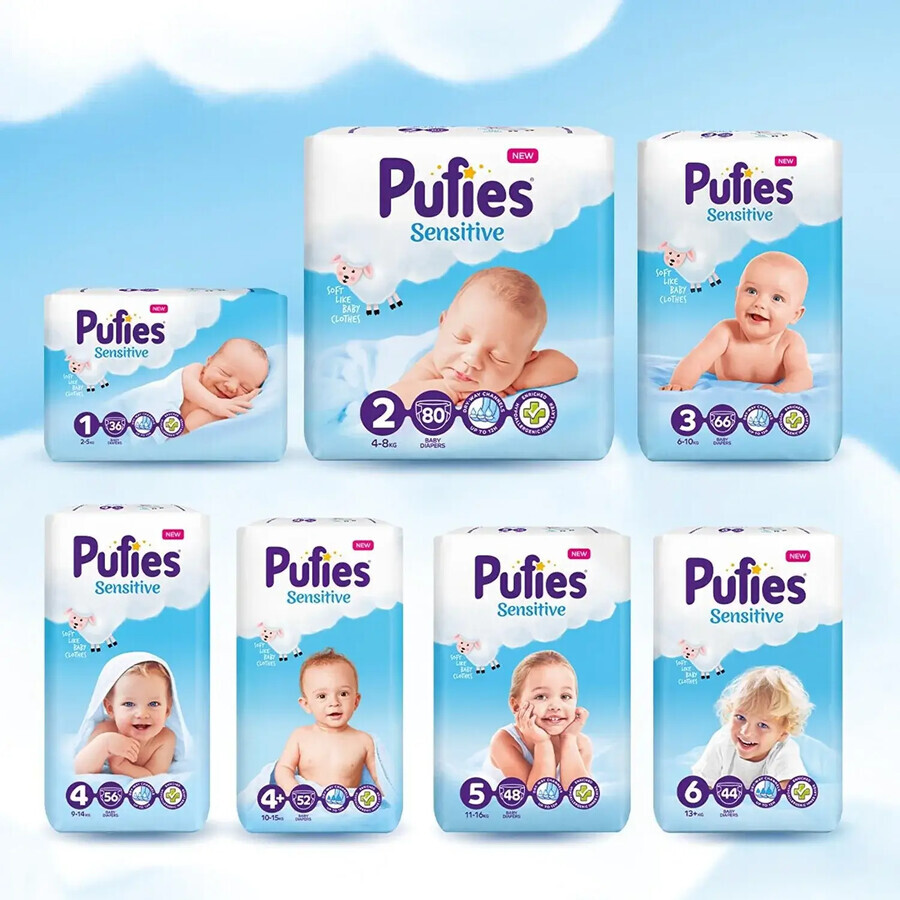 Diaper Pufies Sensitive, 4+ Maxi+, Maxi Pack, 10-15 kg, 52 pieces
